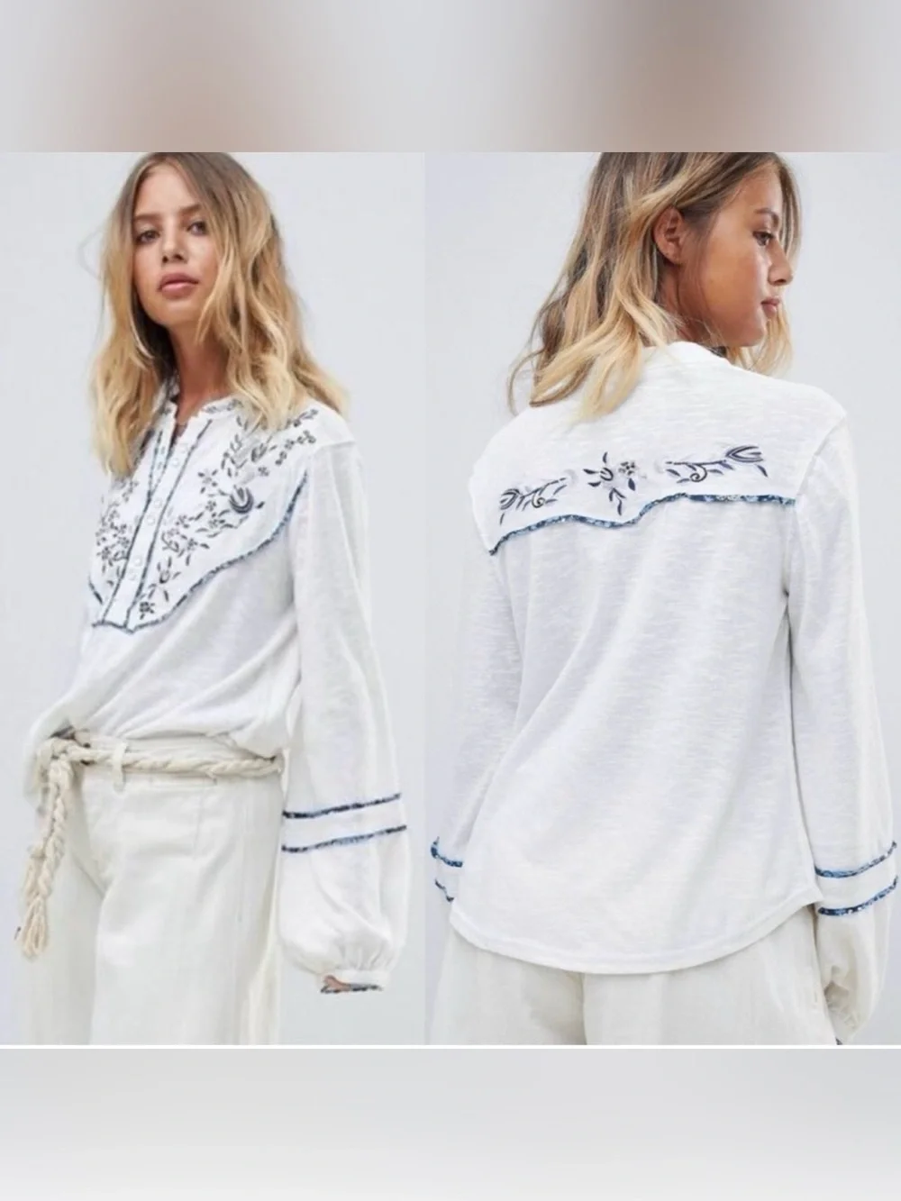 Free People Sundance Kid Henley Floral Embroidered Blouse Pearl Snap S Western